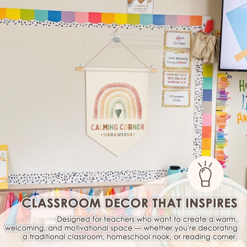 Wheatwin Boho Rainbow Classsroom Calming Corner Poster, Safe Space Sign Wall Hanging Pennant Flag Banner, Boho Mental Health Wall Decor for Therapy Counselor Office Classroom 15x11 Inch - Image 3
